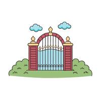 Illustrated decorative gate with red columns, clouds, and greenery in a vector