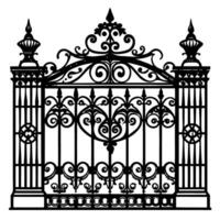 Ornate wrought iron gate design with intricate scrollwork and floral patterns, black silhouette vector