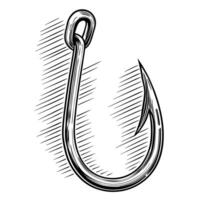 Detailed sketch of fishing hook sharp, curved metal tool for catching fish, angling concept art vector