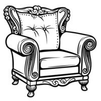 Vintage armchair illustration with ornate design and elegant detailing in monochrome vector
