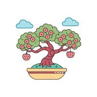 bonsai green fruit tree in pot with clouds, nature and growth concept vector