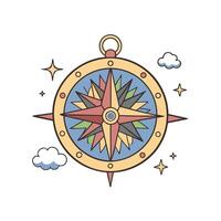 Colorful compass rose illustration with clouds and stars, navigation and direction concept vector