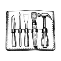 Carving tools set chisels, hammer, and gouge in illustrated vector