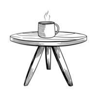illustration of a steaming mug on a round wooden table cozy rustic design, black and white sketch vector