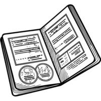 Open passport illustration showing visa and document details in a sketch drawing vector