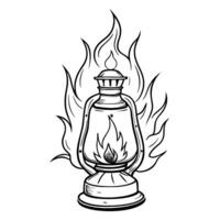 Vintage lantern with flames hand drawn illustration of retro lantern and fiery design vector