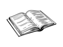 Open book illustration detailed pages, artistic sketch, reading and literature concept, black and white vector