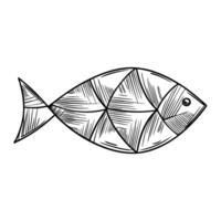 geometric fish illustration with decorative patterns, monochrome line art, abstract aquatic design vector