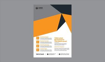 This design is a modern and professional business flyer with a geometric theme. It uses a combination of orange, black, gray, and white colors vector