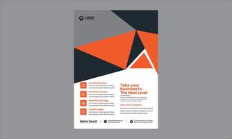 This design is a modern, corporate-style business flyer with a bold and geometric layout. It prominently features triangular shapes in black, orange, gray, and white, vector