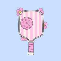 Retro-style illustration of a pink-striped pickleball paddle with a matching ball, surrounded by blooming flowers on a soft blue background vector