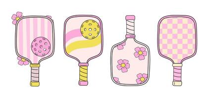 Set of four retro-style pickleball paddles with unique pastel designs, in pink and yellow tones on a white background vector