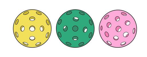 Set of three cartoon perforated pickleball balls with different color. illustration vector