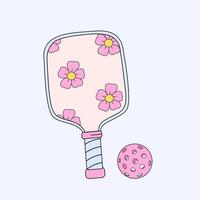 Retro-style illustration of a pickleball paddle with a floral design and a matching perforated ball on a light background, featuring vintage aesthetics and playful sports theme vector