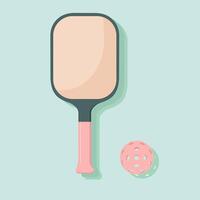 Minimalist flat illustration of a pickleball paddle with a pink handle and a matching perforated ball on a pastel green background vector