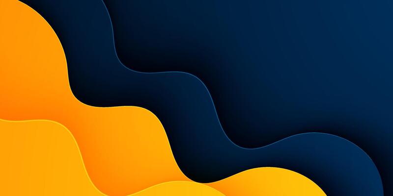 Abstract 3D wave background with yellow fluid shapes on dark blue background. Simple liquid wave shapes pattern layer background.