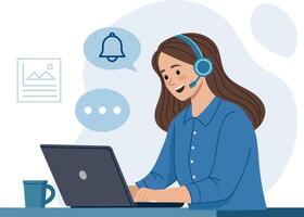 Illustration of a female customer service representative working at a desk. vector