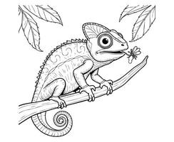 Chameleon Catching Insect on Branch Coloring Page vector