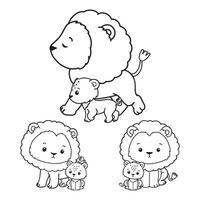 Lion Daddy Collection , Hand Drawn Lion and Lion Cub Outline Coloring Page, Minimal Lion Baby Line Art Doodle in Different Pose. vector