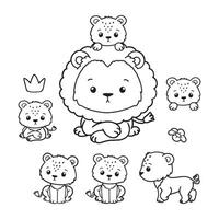 Lion Father Collection , Hand Drawn Lion and Lion Cub Outline Coloring Page, Minimal Lion Baby Line Art Doodle in Different Pose. vector