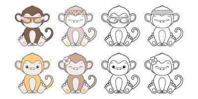 Set of Groovy Safari Animal Collection , Hand Drawn Monkey Color and Outline Coloring Page for Book Animals for Kids. vector