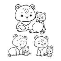 Set of Lion Mother Collection , Hand Drawn Lion and Lion Cub Outline Coloring Page, Minimal Lion Baby Line Art Doodle in Different Pose. vector