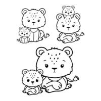 Lion Mother Collection , Hand Drawn Lion and Lion Cub Outline Coloring Page, Minimal Lion Baby Line Art Doodle in Different Pose. vector