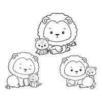 Set of Lion Father Collection , Hand Drawn Lion and Lion Cub Outline Coloring Page, Minimal Lion Baby Line Art Doodle in Different Pose. vector