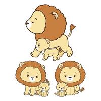 Father s day with Lion, Hand Drawn Lion and Lion Cub Cartoon, Minimal Lion Baby Line Art Doodle in Different Pose. vector