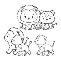 Set of Lion Family Collection , Hand Drawn Lion and Lion Cub Outline Coloring Page, Minimal Lion Baby Line Art Doodle in Different Pose. vector