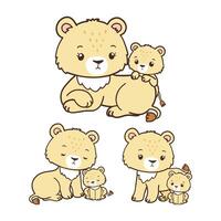 Set of Lion Mother Collection , Hand Drawn Lion and Lion Cub Cartoon, Minimal Lion Baby Line Art Doodle in Different Pose. vector