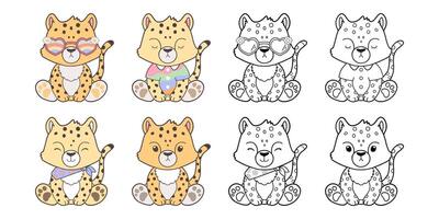 Set of Groovy Safari Animal Collection , Hand Drawn Cheetah Color and Outline Coloring Page for Book Animals for Kids. vector