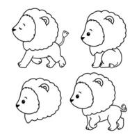Lion Collection , Hand Drawn Lion Outline Coloring Page or Book Animals for Kids, Minimal Lion Line Art Doodle in Different Pose. vector