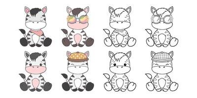 Set of Groovy Safari Animal Collection , Hand Drawn Zebra Color and Outline Coloring Page for Book Animals for Kids. vector