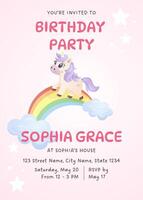 Pastel unicorn walking on rainbow with clouds in a sweet birthday invitation design vector