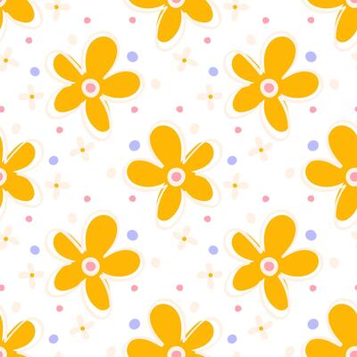Bright yellow floral pattern with large five-petal flowers, soft cream blossoms