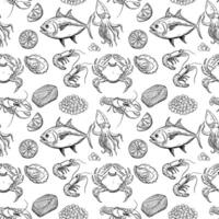 Seamless pattern of hand drawn seafood sketches vector