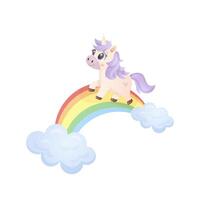 Playful pastel unicorn walking on a rainbow with clouds vector