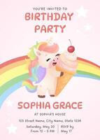 Unicorn birthday party invitation with rainbow ice cream vector