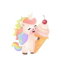 Colorful rainbow-maned unicorn hugging a large ice cream cone with a cherry vector