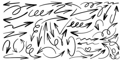 Set of simple lines hand drawn black arrows. vector