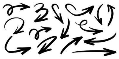Set of simple lines hand drawn black arrows in various style. vector