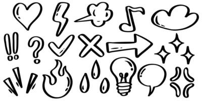 Hand drawn set elements, Abstract arrows, sparkle, heart, star fire, lamp and other elements in hand drawn style for concept design. vector
