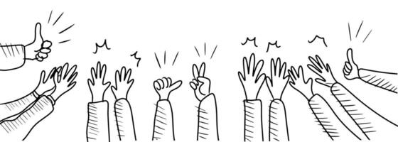 hand drawn of hands clapping ovation. applause, thumbs up gesture on doodle style vector