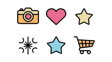 A set of icons that include a camera, heart, star, and shopping cart vector