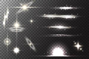 Glowing light flare. Shiny stars. Sparkles with glitter and bright magic light. Realistic radiance glare collection. vector