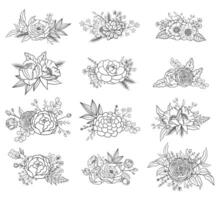 Floral set. Collection of hand drawn floral compositions of different flowers. Monochrome. Floral decor for your spring, summer design. Bohemian collection. vector