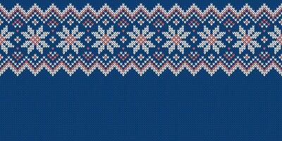 Knitwear texture. Template with empty place for text. Traditional seasonal seamless wide background for holiday design. Winter knitted sweater pattern with snowflakes, blue red colors vector