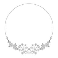Frame of floral twigs with leaves and flowers. Wreath of branches, black outline, isolated on white. Botanical sketch, round garland for wedding decoration, and design projects vector