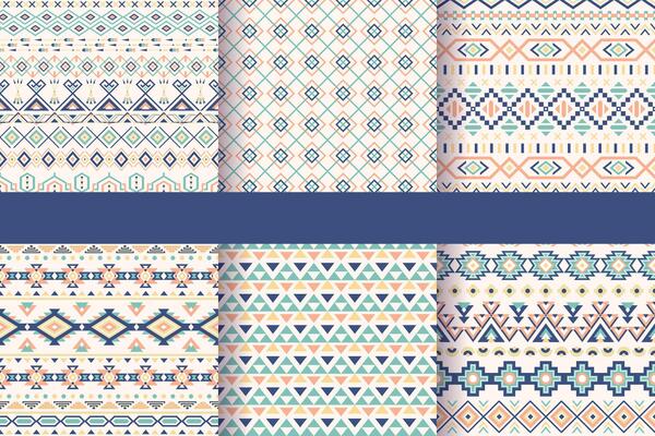 Set of six ethnic seamless patterns. Aztec geometric backgrounds. Stylish navajo fabric. Modern abstract wallpaper